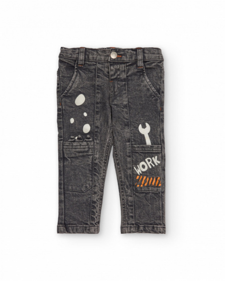 Trousers for boy in washed grey with tool prints Trousers for boy in washed grey with tool prints