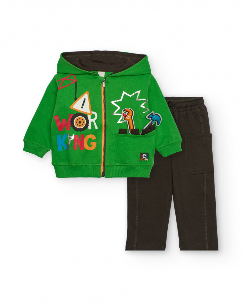 Set for boy with green hoodie and brown trousers with tool print
