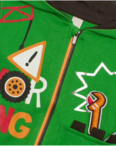 Set for boy with green hoodie and brown trousers with tool print