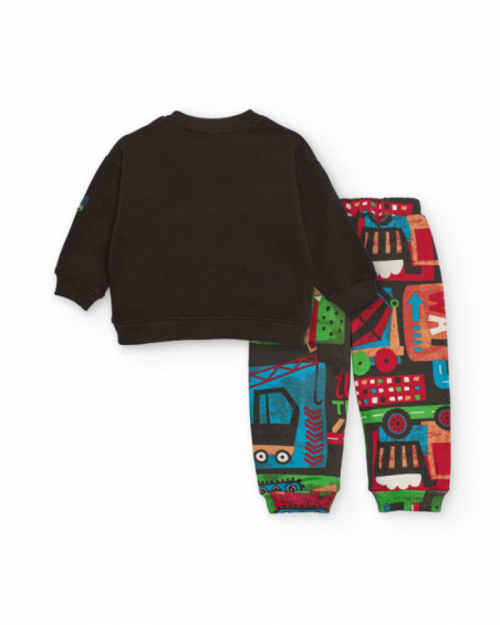Set for boy with brown sweatshirt and printed vehicle trousers