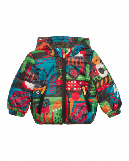 Multicolor puffer jacket for boy with vehicle print