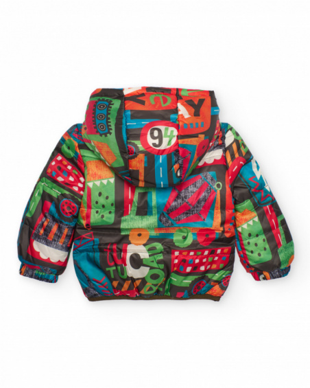 Multicolor puffer jacket for boy with vehicle print
