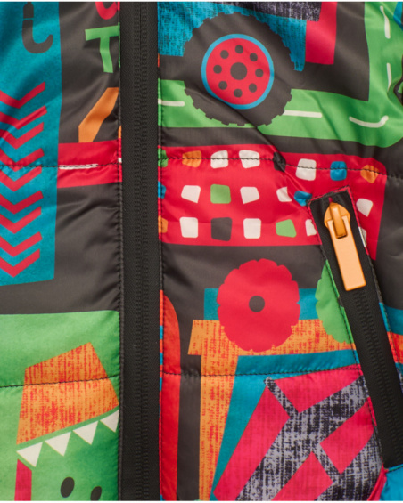 Multicolor puffer jacket for boy with vehicle print