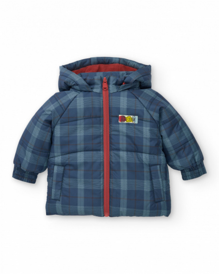 Navy blue checked parka for boy with embroidered text