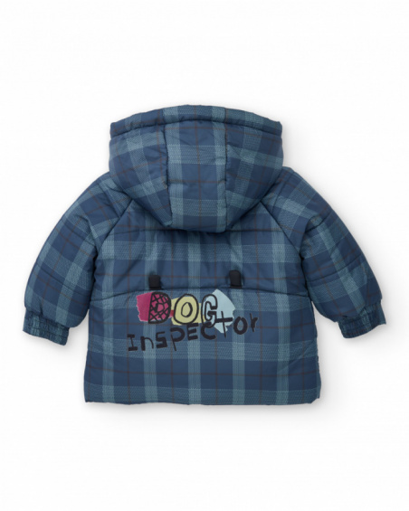 Navy blue checked parka for boy with embroidered text