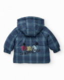 Navy blue checked parka for boy with embroidered text Navy blue checked parka for boy with embroidered text
