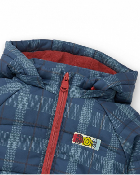 Navy blue checked parka for boy with embroidered text