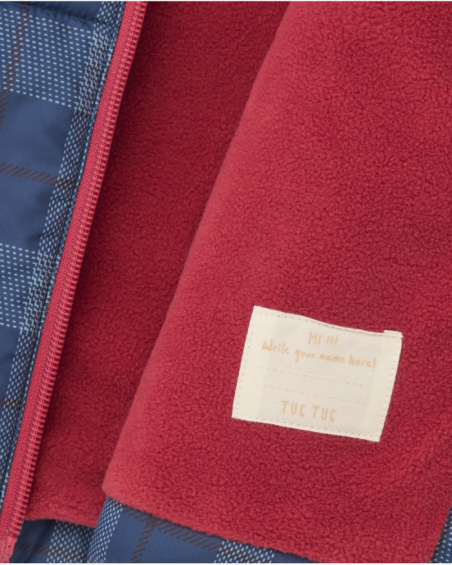 Navy blue checked parka for boy with embroidered text