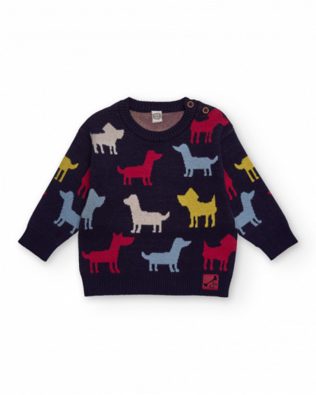 Navy knit sweater for boy with colorful dog silhouettes Navy knit sweater for boy with colorful dog silhouettes