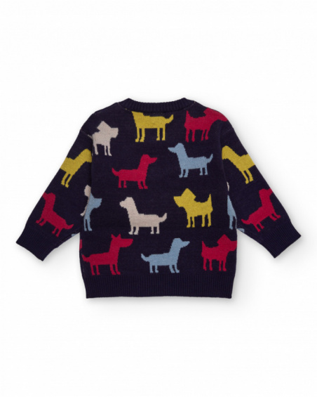 Navy knit sweater for boy with colorful dog silhouettes Navy knit sweater for boy with colorful dog silhouettes