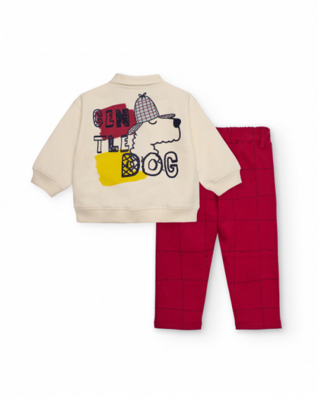 Set for boy in ecru and burgundy with dog print