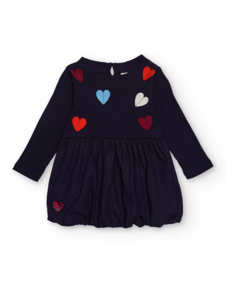 Navy blue dress for girl with heart appliqués Navy blue dress for girl with heart appliqués