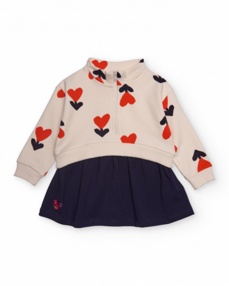 Girl’s dress in ecru and navy blue with heart print and zip Girl’s dress in ecru and navy blue with heart print and zip