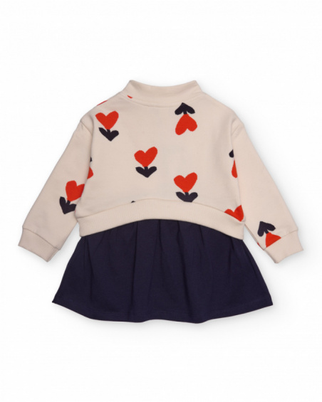 Girl’s dress in ecru and navy blue with heart print and zip Girl’s dress in ecru and navy blue with heart print and zip