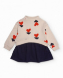 Girl’s dress in ecru and navy blue with heart print and zip Girl’s dress in ecru and navy blue with heart print and zip