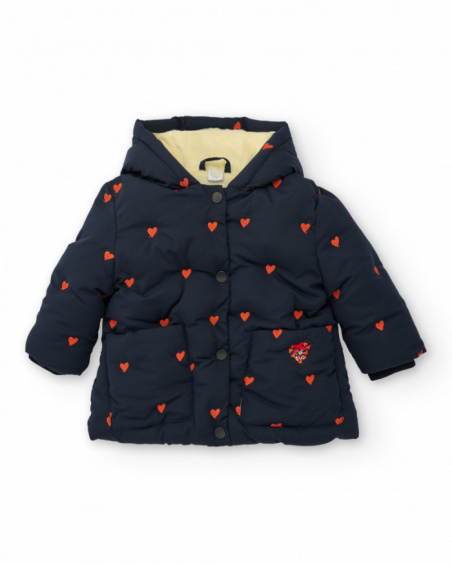 Navy blue coat for girl with embroidered hearts