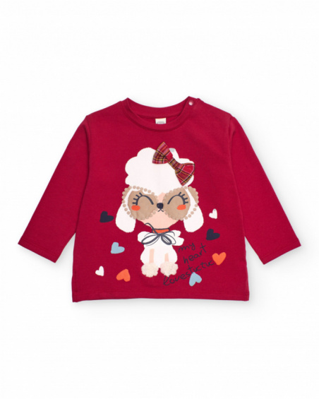 Red long-sleeved T-shirt for girl with dog and bow print Red long-sleeved T-shirt for girl with dog and bow print