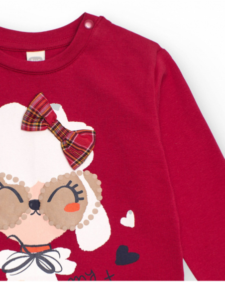 Red long-sleeved T-shirt for girl with dog and bow print Red long-sleeved T-shirt for girl with dog and bow print