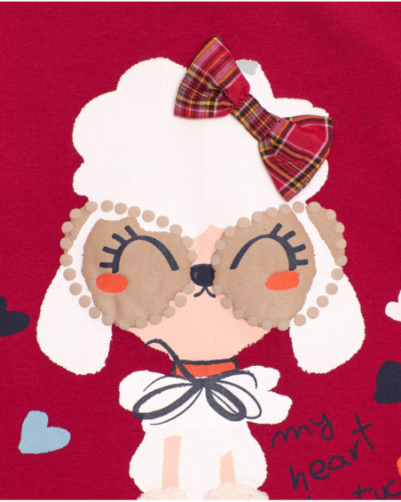 Red long-sleeved T-shirt for girl with dog and bow print Red long-sleeved T-shirt for girl with dog and bow print