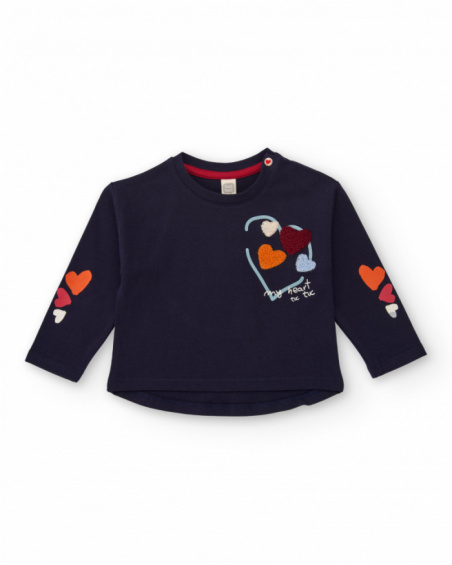 Girl’s navy blue T-shirt with raised heart print Girl’s navy blue T-shirt with raised heart print