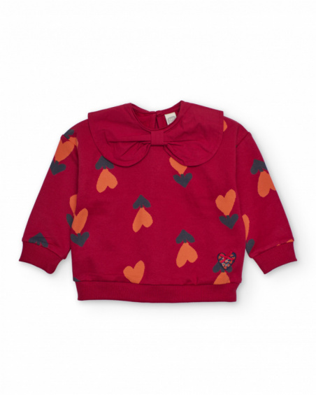 Red sweatshirt for girl with hearts and bow collar Red sweatshirt for girl with hearts and bow collar
