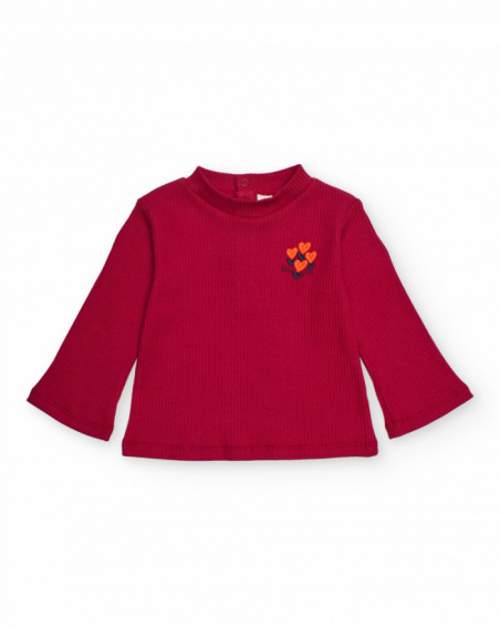 Long-sleeve T-shirt for girl in cherry red with heart embroidery Long-sleeve T-shirt for girl in cherry red with heart embroidery