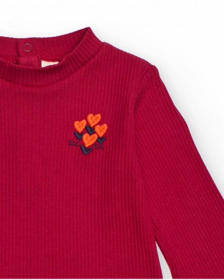 Long-sleeve T-shirt for girl in cherry red with heart embroidery Long-sleeve T-shirt for girl in cherry red with heart embroidery
