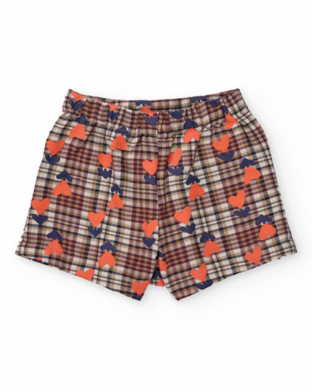 Checked shorts for girl with hearts and decorative buttons Checked shorts for girl with hearts and decorative buttons