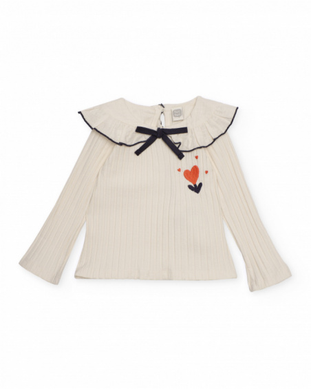 Ribbed T-shirt for girl in ecru with ruffles and bow Ribbed T-shirt for girl in ecru with ruffles and bow