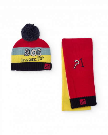 Multicolor hat and scarf set for boy with embroidered text
