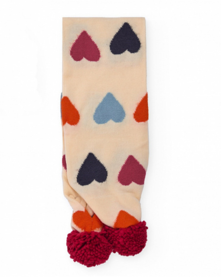 Beige scarf for girl with heart print and pom-poms Beige scarf for girl with heart print and pom-poms