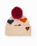 Knitted hat for girl in beige with multicolour hearts Knitted hat for girl in beige with multicolour hearts