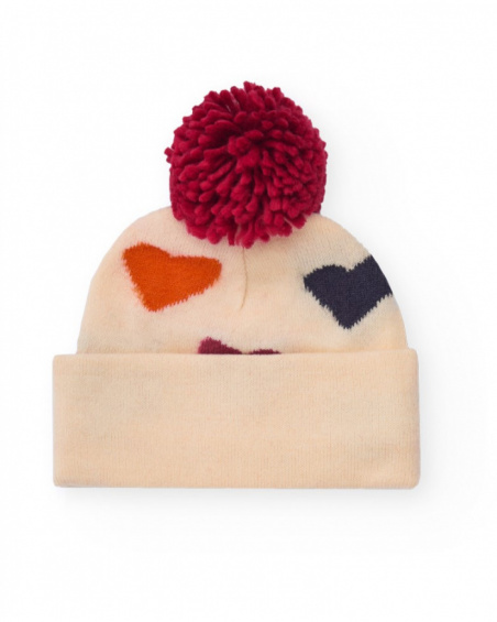 Knitted hat for girl in beige with multicolour hearts Knitted hat for girl in beige with multicolour hearts