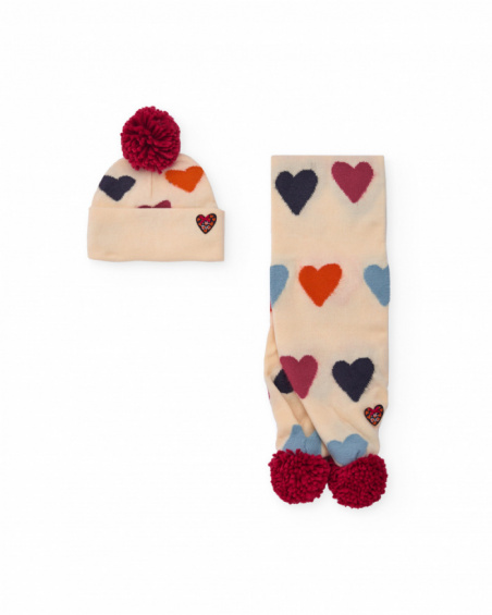 Girl’s hat and scarf set in beige with hearts Girl’s hat and scarf set in beige with hearts