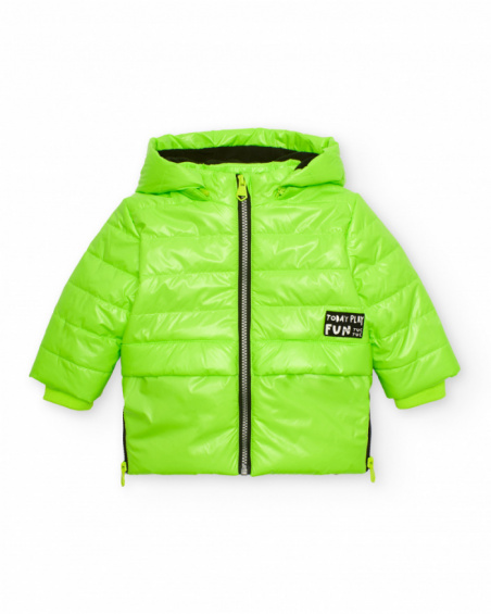 Puffer jacket for boy in neon green with graphic message Puffer jacket for boy in neon green with graphic message