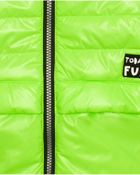 Puffer jacket for boy in neon green with graphic message Puffer jacket for boy in neon green with graphic message