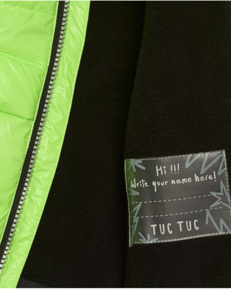 Puffer jacket for boy in neon green with graphic message Puffer jacket for boy in neon green with graphic message