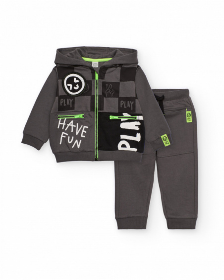 Set with hooded sweatshirt for boys in grey with graphic print and green details