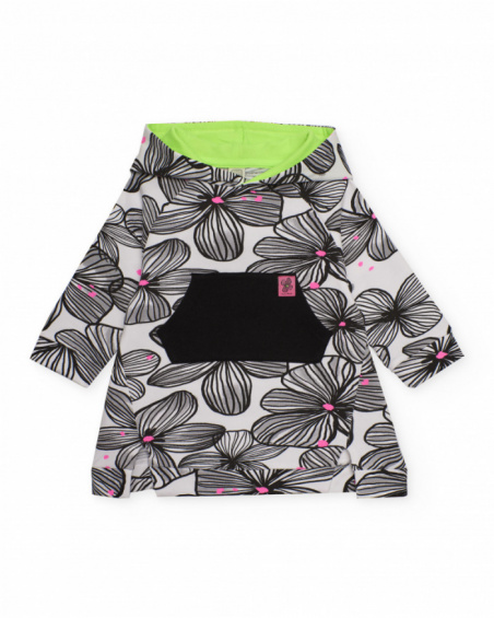 Hooded dress for girl in white with black floral print and black pocket Hooded dress for girl in white with black floral print and black pocket