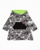Hooded dress for girl in white with black floral print and black pocket Hooded dress for girl in white with black floral print and black pocket