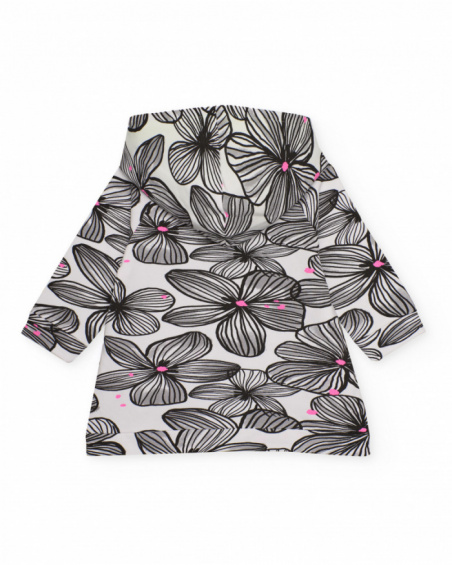 Hooded dress for girl in white with black floral print and black pocket Hooded dress for girl in white with black floral print and black pocket