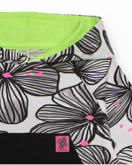 Hooded dress for girl in white with black floral print and black pocket Hooded dress for girl in white with black floral print and black pocket