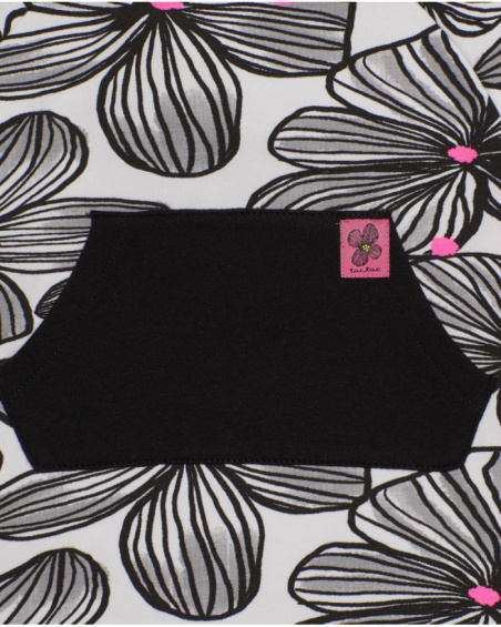 Hooded dress for girl in white with black floral print and black pocket Hooded dress for girl in white with black floral print and black pocket