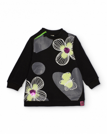 Black dress for girl with printed flowers and sequins Black dress for girl with printed flowers and sequins