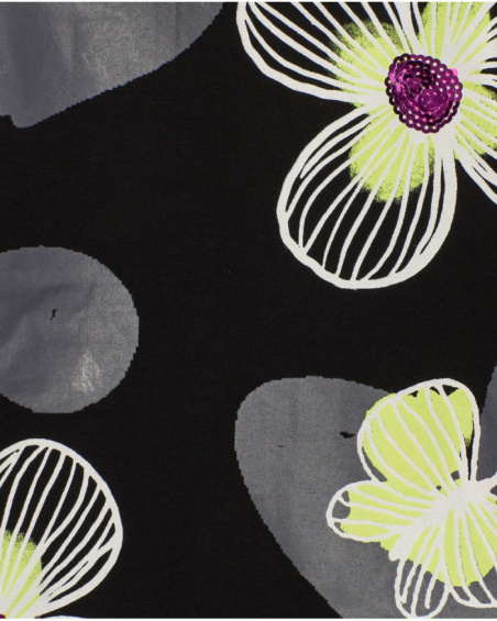 Black dress for girl with printed flowers and sequins Black dress for girl with printed flowers and sequins