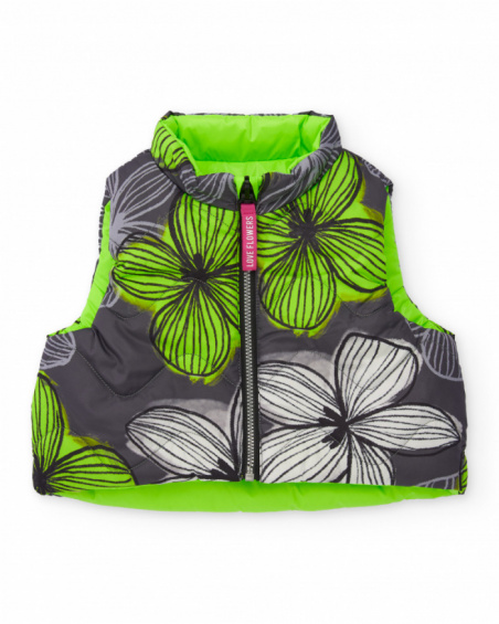 Reversible gilet for girl in neon green with floral print love flowers collection