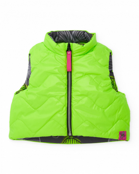Reversible gilet for girl in neon green with floral print love flowers collection