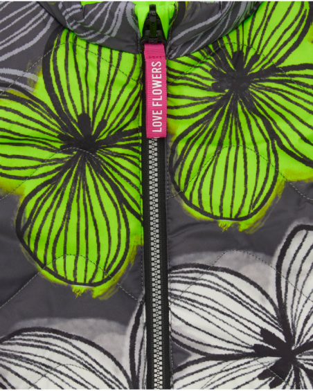Reversible gilet for girl in neon green with floral print love flowers collection