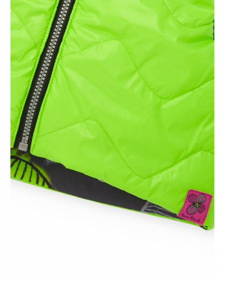 Reversible gilet for girl in neon green with floral print love flowers collection