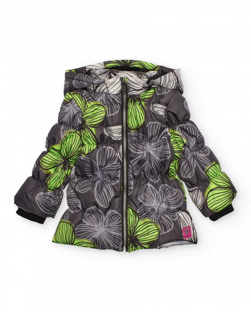 Cazadora niña en gris con estampado floral acolchada